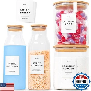 Glass Laundry Detergent Dispenser Containers with 36 Labels - Glass Jars with - Picture 1 of 5