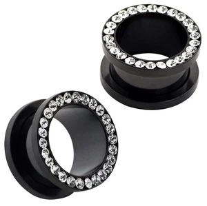 Pair Crystal CZ Ear Tunnels Plugs Stainless Steel Screw Ear Expander Stretcher - Picture 1 of 6