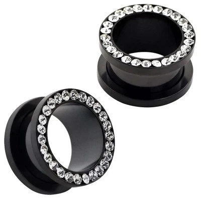 Par de tapones de túneles de oreja de circonita cúbica de cristal de acero inoxidable con tornillo extensor de oreja Foto 1 de 4