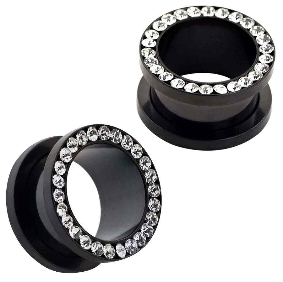 Medidores de oreja de acero inoxidable circonita cúbica transparente túneles de gemas ajuste de tornillo tapón de oreja perforación Foto 1 de 4