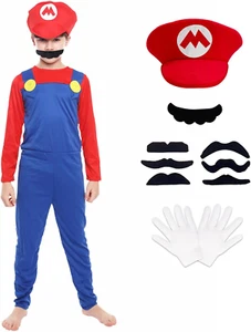 Boys Super Brothers Costume Plumber Cosplay Halloween Costume for Kids with Acce - Picture 1 of 12