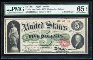 FR.63a 1863 $5 LEGAL TENDER PMG65 EPQ GEM UNCIRCULATED - Picture 1 of 2