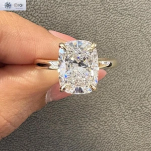3.00Ct IGI F VS1 Cushion Lab Grown Diamond Engagement Ring Solid 14K Yellow Gold - Picture 1 of 10