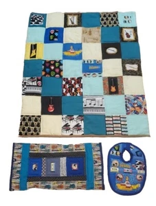 The Beatles Blanket Bib Set Hand Made 3 Piece Rock Roll Guitars Baby Shower Gift - Picture 1 of 12