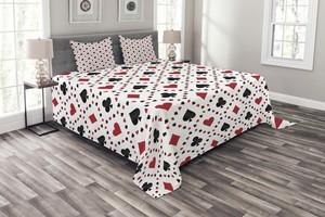 Red Black Quilted Bedspread & Pillow Shams Set, Tourist Poker Cards Print