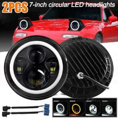 Pair 7 Inch Halo Angel Eyes LED DRL Headlight For Land Rover Defender Mazda MX5 - Image 1 of 4