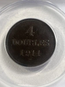 1914-H Guernsey 4 Doubles Graded VF 30 by ANACS Low Mintage - Picture 1 of 4