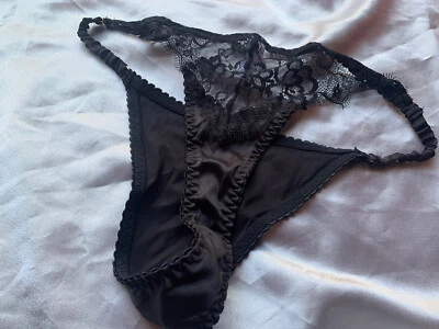 Новый без ярлыков сексуальный атласной строки бикини стринги кружева Sissy трусики sz XL черный - Изображение 1 из 4