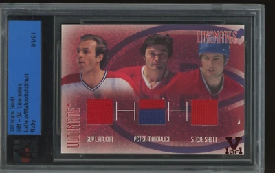 2004 ITG Ultimate Vault Lafleur Mahovlich Shutt Ruby Linemates Patch 1/1 - Image 1 of 2