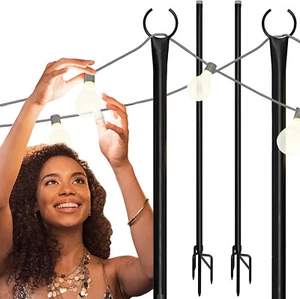 Outdoor Metal Poles w/ Hooks for Hanging String Lights | Garden Patio 8ft 2Pack - Picture 1 of 9
