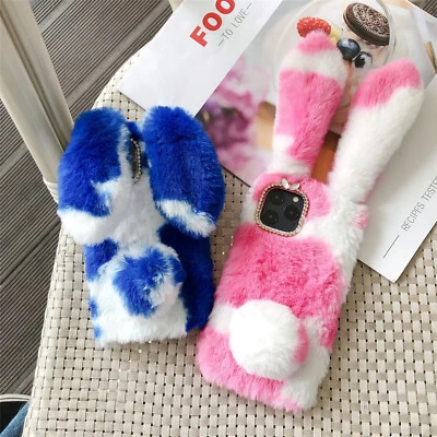 For LG Stylo 6/5/4 Women Rabbit Fur 3D Fuffly Plush Bling Diamond Warm Soft Case - Image 1 of 4