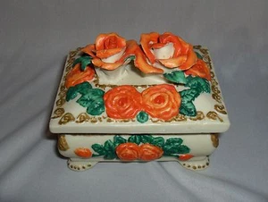 Vintage Bisque 2 Pc Trinket Box Ceramic Orange Roses Ornate NICE - Picture 1 of 6