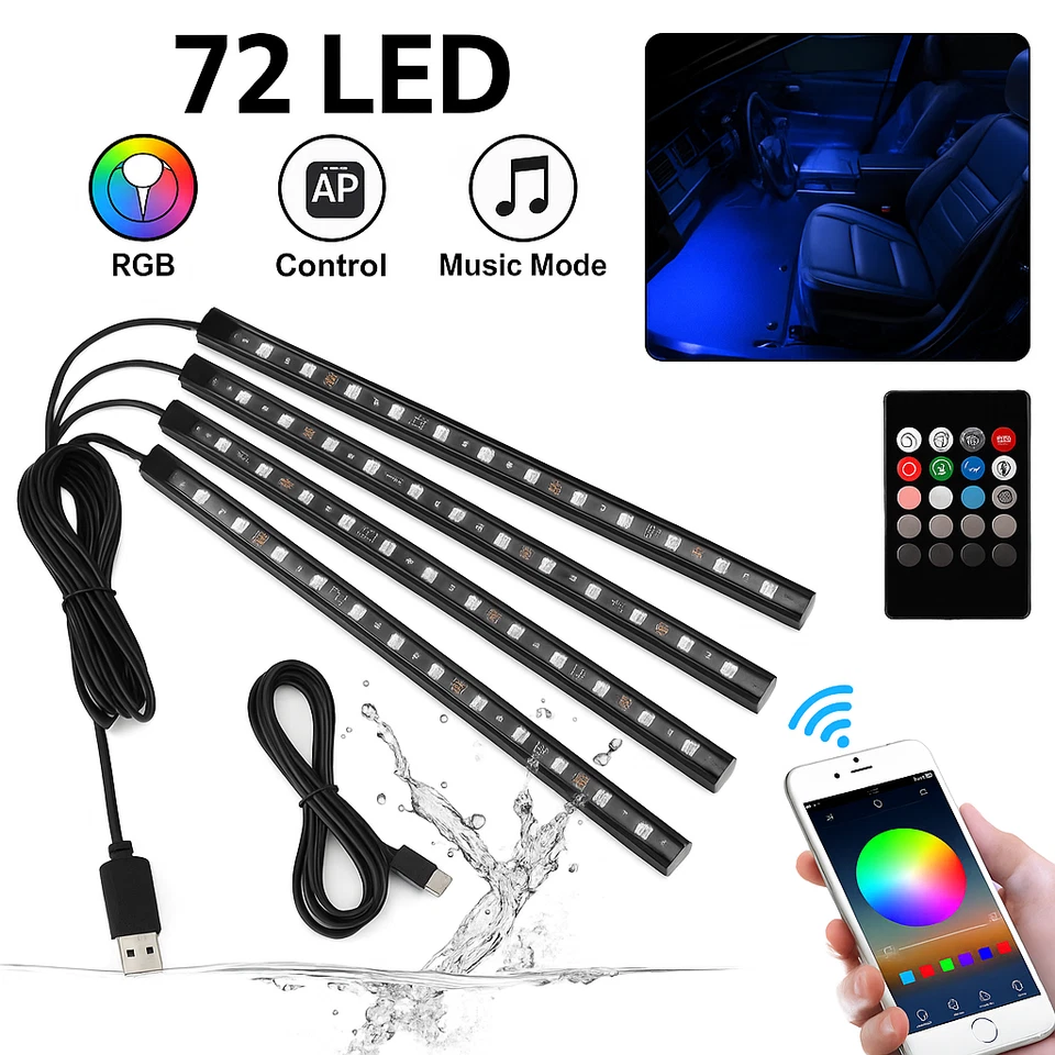 72 LED RGB Car Interior Lights Kit USB/12V Footwell Strip Remote & App - Image 1 of 4