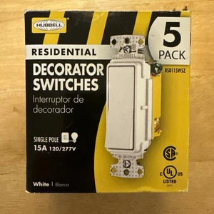 5 Hubbell White Decorator Rocker Wall Light Switches Single Pole 15A NEW in Box - Picture 1 of 5