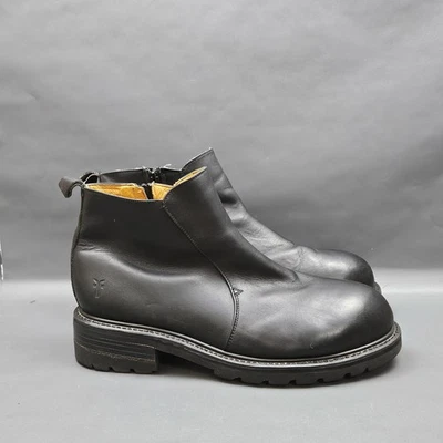 Frye Leather Boots Mens Size 13 Black Side Zip Ankle Lug Sole Motocycle Pull Tab - Image 1 of 4