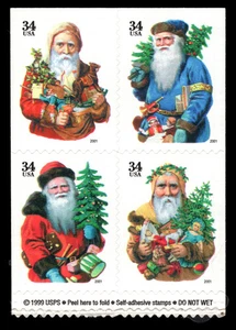 US Scott # 3540c, Santa Chromolithographs, Block of (4) 2001 34¢ Stamps, MNH - Picture 1 of 1