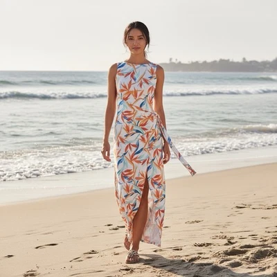 Tommy Bahama Medium Floral Hawaiian Faux Wrap Maxi Dress Vacation Resort - Image 1 of 4