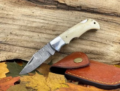Cuchillo plegable de bolsillo hecho a mano personalizado de acero Damasco STAG HORN con funda mejor regalo Foto 1 de 4