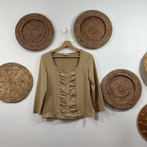 Vintage Y2K 2000s Apostrophe Beige Cinched Ruched Stretch Lace Long Sleeve Top - Picture 1 of 6