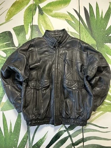 Vintage Leather Bomber Jacket Men’s XL Black Y2K Zip Genuine Leather Biker Style - Picture 1 of 13