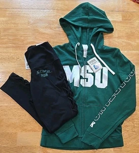 VICTORIAS SECRET PINK SMALL MICHIGAN STATE SPARTANS HOODIE/LEGGINGS SET NWT - Picture 1 of 10
