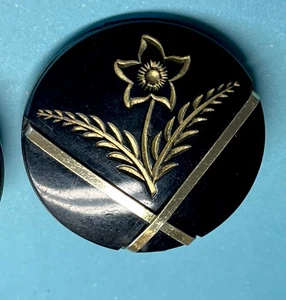 W Germany signierte Vintage Bakelit runde schwarze mit goldenen Metall Ohrclips. - Bild 1 von 5
