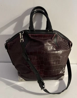 ALEXANDER WANG Burgundy/Black Trim Crocodile Pattern Embossed Tote Purse Handbag - Image 1 of 4