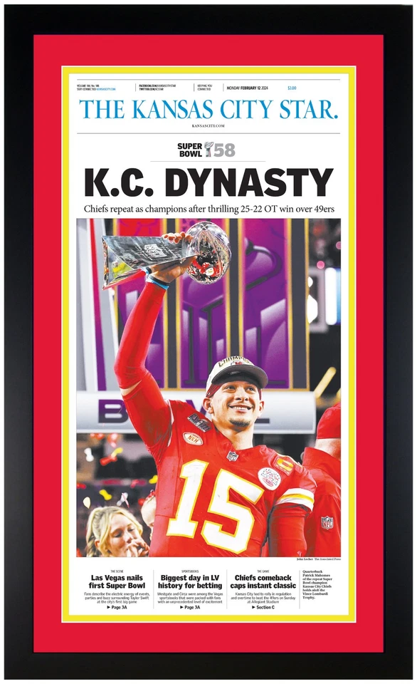 Kansas City Chiefs 2024 ¡Super Bowl 58 campeones! ¡Impresión de periódico mate y enmarcada! Foto 1 de 1