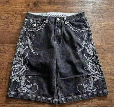 Black Denim Shorts with White Gothic Cross Embroidery and Ornate Pattern Accents - Image 1 of 3