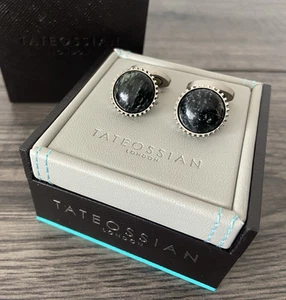 TATEOSSIAN CLASSIC TITANIUM & BLACK LINE STONE GEAR CUFFLINKS RETAIL BNIB - Picture 1 of 12