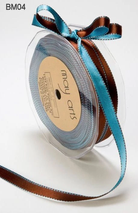 3/8 Inch Satin Reversible Stitched Edge – Brown/Blue - BM04 - 50 Yards - Image 1 of 1
