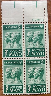 US Plate Blocks Stamps #1251 ~ 1964 DOCTORS MAYO 5c Plate Block of 4 - Image 1 of 2