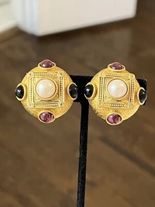 Vintage Natasha Stambouli 24k Gold Plated Semi Precious Stone Large Dome Earring - Picture 1 of 6