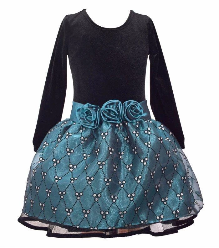BONNIE JEAN GIrls 14 Black Velvet & Teal Rosette Glitter Dress NWT $68 - Image 1 of 1