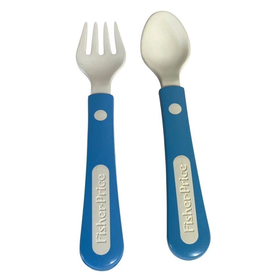 Fisher Price Utensilios para Niños Azul Blanco De Colección Tenedor Cuchara Alimentación Bebé Niño Pequeño Foto 1 de 4