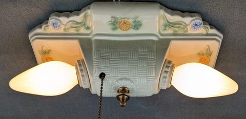 Antique Porcelain PORCELIER Basket-weave Ceiling Light: Art Deco & MCM, Restored Cover