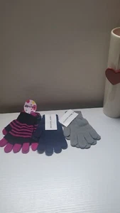 Children Unisex 3 Pairs Gloves Blue Grey Purple Stripes One Size - Picture 1 of 12