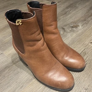 Tory Burch Women Ankle Boots Booties Brown Leather Chunky Heel Chelsea Gold 7 M - Picture 1 of 12