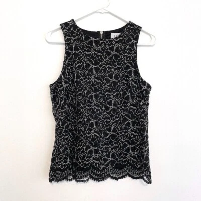 NUEVO NUEVO CON ETIQUETAS ELLE Blusa sin Mangas Negra Floral Encaje Plateada Metálica Pequeña Foto 1 de 4