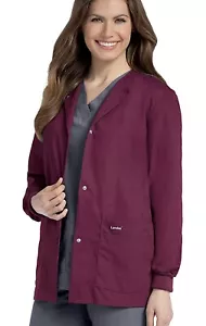 Landau Womens Premium Snap-Front 4-Pocket Crew Neck Warm-Up Scrub Jacket, Wine S - Picture 1 of 4