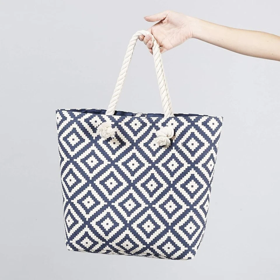 Bolso de Playa Geométrico Verano y Rosa Azul Blanco Diamante Mango de Cuerda  Foto 1 de 1