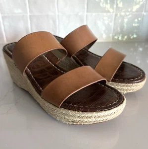Sam Edelman Wedge Slip-On Sandals Women's 8 Brown Leather Straps Woven Heel - Picture 1 of 8