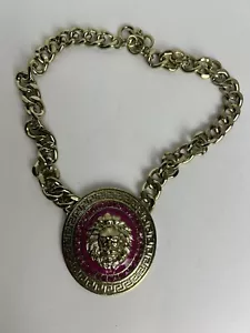 Lion Head Medalion Necklace Choker Gold Tone Chain Pink Enamel - Picture 1 of 5