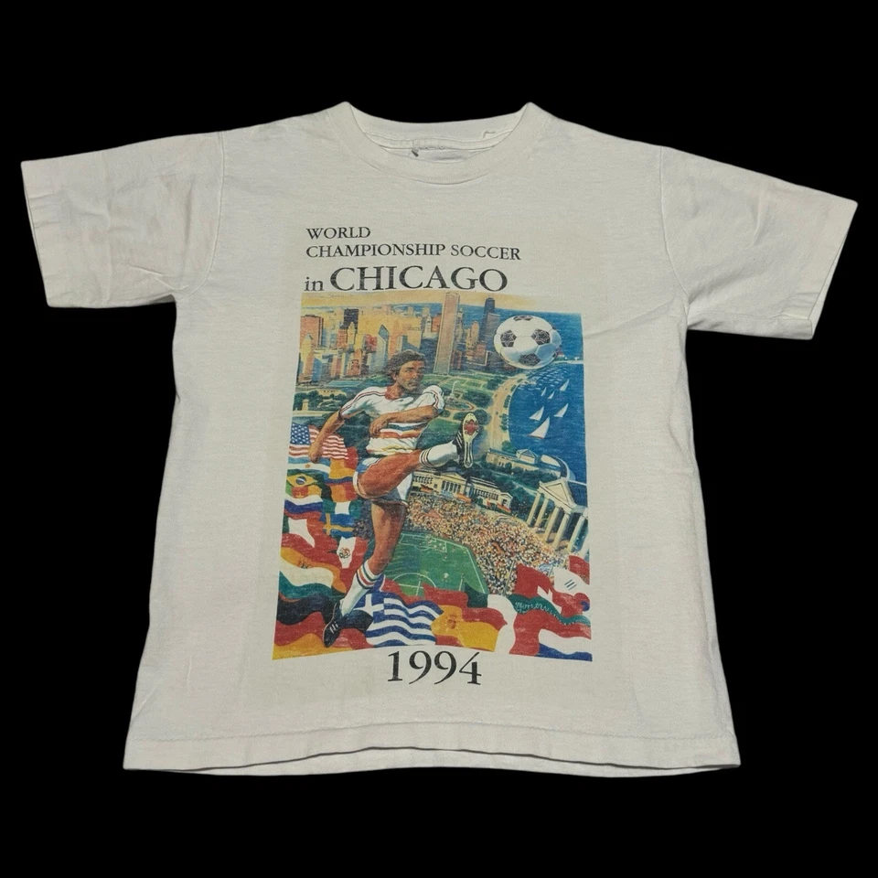 Camisa branca juvenil vintage 1994 Copa do Mundo EUA Chicago média - Imagem 1 de 4