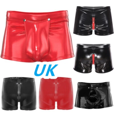 UK Mens Wet Look Faux Leather Low Rise Boxer Shorts Buckled Zipper Hot Pants - Image 1 of 3