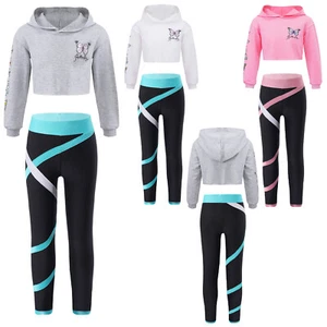 Sweatsuits Kids Girls Long Sleeve Hoodie Yoga Leggings Gym Workout Bodysuit - Picture 1 of 35