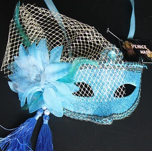 Aquablau venezianische Blumenmuster Glitzer Maskerade Maske Party Abschlussball Karneval - Bild 1 von 3