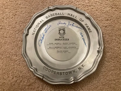 Ralph Kiner Judy Johnson Billy Herman Signed 1975 HOF Induction Pewter Plate JSA - Image 1 of 4