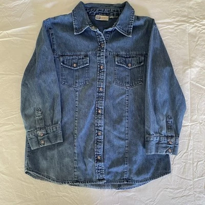 Faded Glory Denim Shirt Ladies S Pearl Snap Long Sleeve Blue Western - Изображение 1 из 4