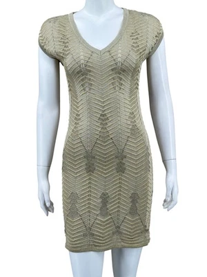 Missoni Dress Womens 40 US 4 Gold Metallic Knit Chevron V-Neck Cap Sleeve Mini - Image 1 of 4